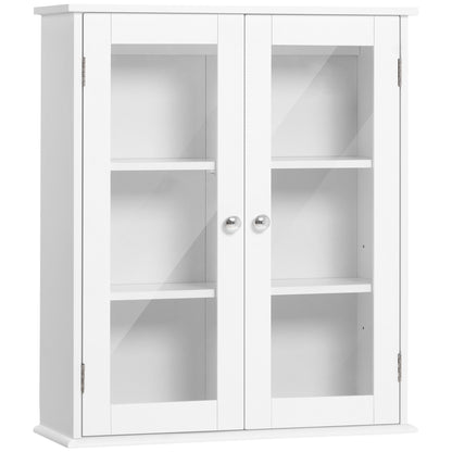 Bathroom Cabinet Wall Mounted Cabinet 2 Doors Made of Wood and Glass, Wall-Mounted Multi-Function Cabinet with Adjustable Shelf and Magnetic Lock, 55x20x65 cm, White