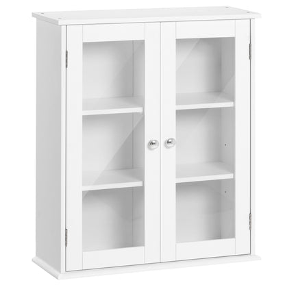 Bathroom Cabinet Wall Mounted Cabinet 2 Doors Made of Wood and Glass, Wall-Mounted Multi-Function Cabinet with Adjustable Shelf and Magnetic Lock, 55x20x65 cm, White