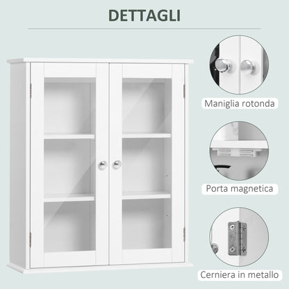Bathroom Cabinet Wall Mounted Cabinet 2 Doors Made of Wood and Glass, Wall-Mounted Multi-Function Cabinet with Adjustable Shelf and Magnetic Lock, 55x20x65 cm, White