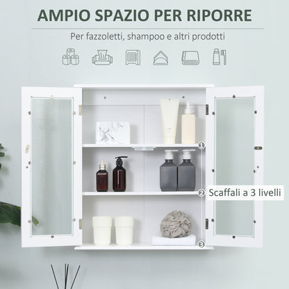 Bathroom Cabinet Wall Mounted Cabinet 2 Doors Made of Wood and Glass, Wall-Mounted Multi-Function Cabinet with Adjustable Shelf and Magnetic Lock, 55x20x65 cm, White