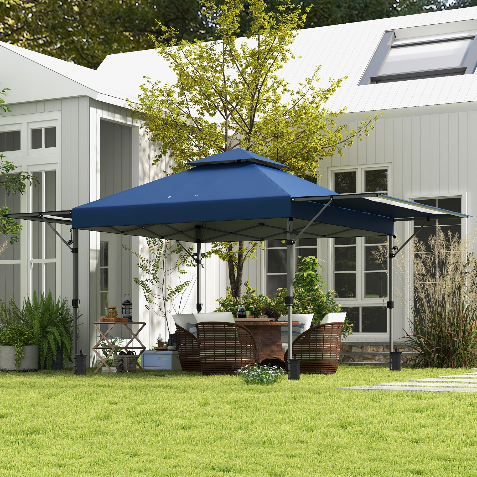 Pop-Up Garden Gazebo Folding Marquee 5 x 3m, Oxford Fabric with 2 Adjustable Walls, Easy to Assemble, Wheeled Transport Bag Included Blue