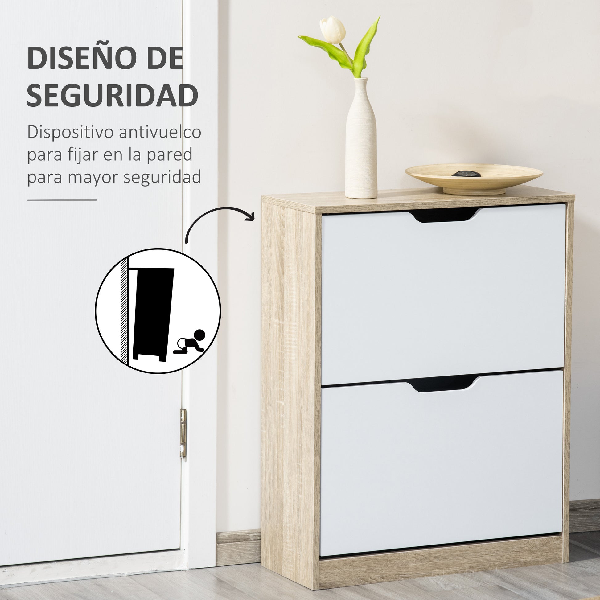 Wooden Shoe Cabinet Shoe Rack with 2 Flip Doors 4 Storage Shelves Capacity for 8 Pairs for Entryway Hallway Bedroom 62.5x26x81 cm White and Natural