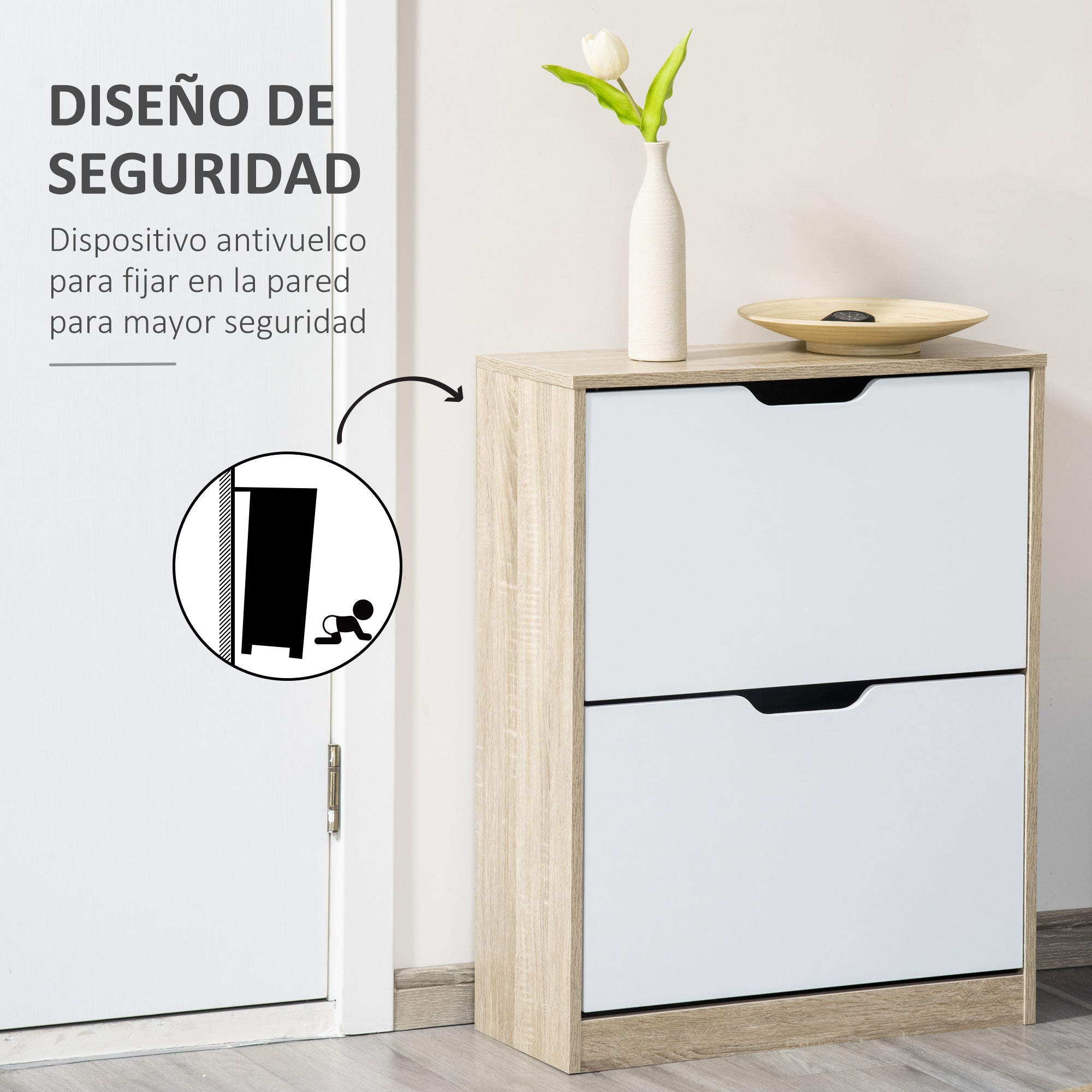 Wooden Shoe Cabinet Shoe Rack with 2 Flip Doors 4 Storage Shelves Capacity for 8 Pairs for Entryway Hallway Bedroom 62.5x26x81 cm White and Natural