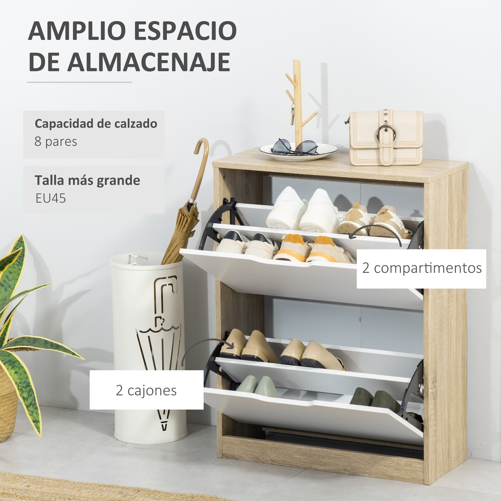 Wooden Shoe Cabinet Shoe Rack with 2 Flip Doors 4 Storage Shelves Capacity for 8 Pairs for Entryway Hallway Bedroom 62.5x26x81 cm White and Natural