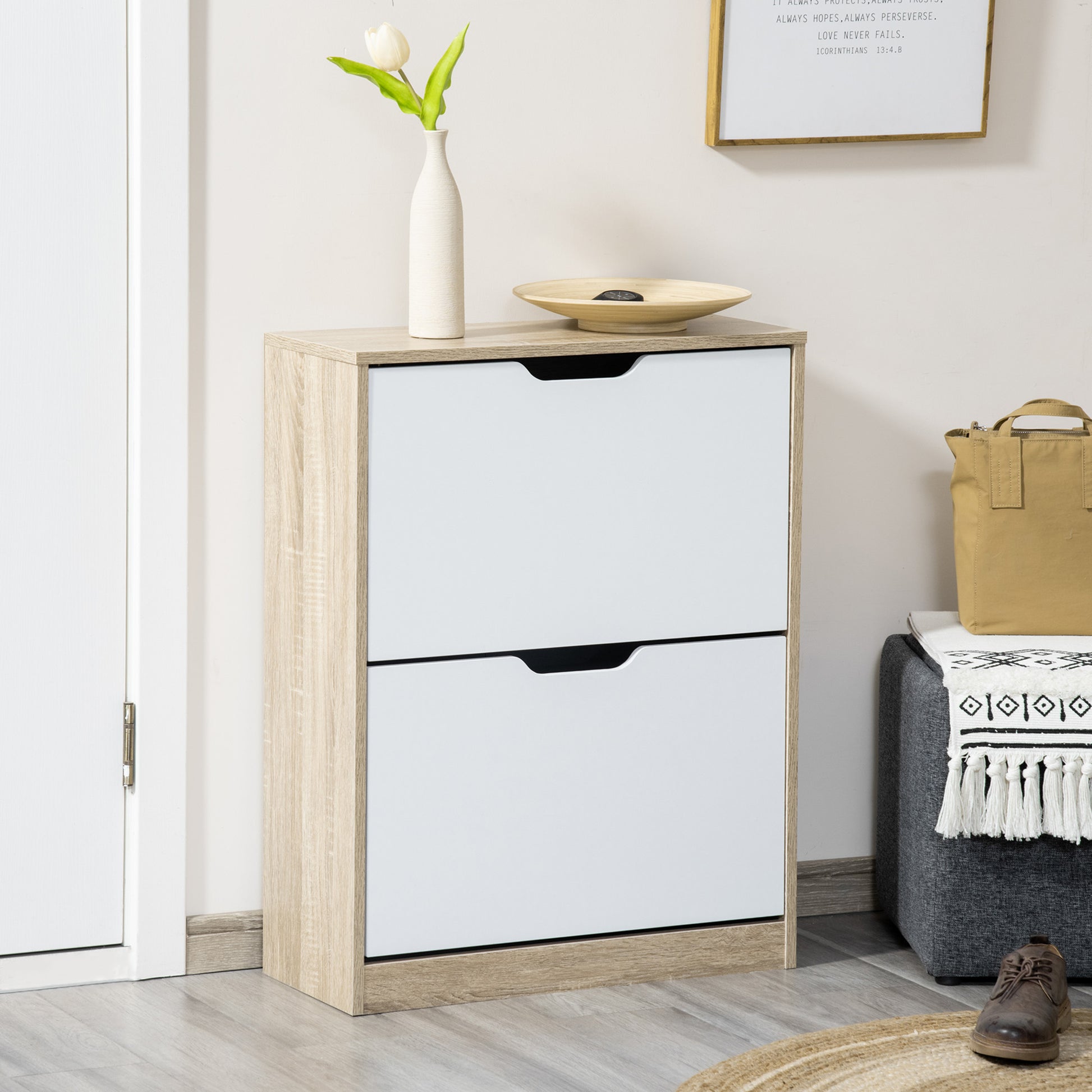 Wooden Shoe Cabinet Shoe Rack with 2 Flip Doors 4 Storage Shelves Capacity for 8 Pairs for Entryway Hallway Bedroom 62.5x26x81 cm White and Natural