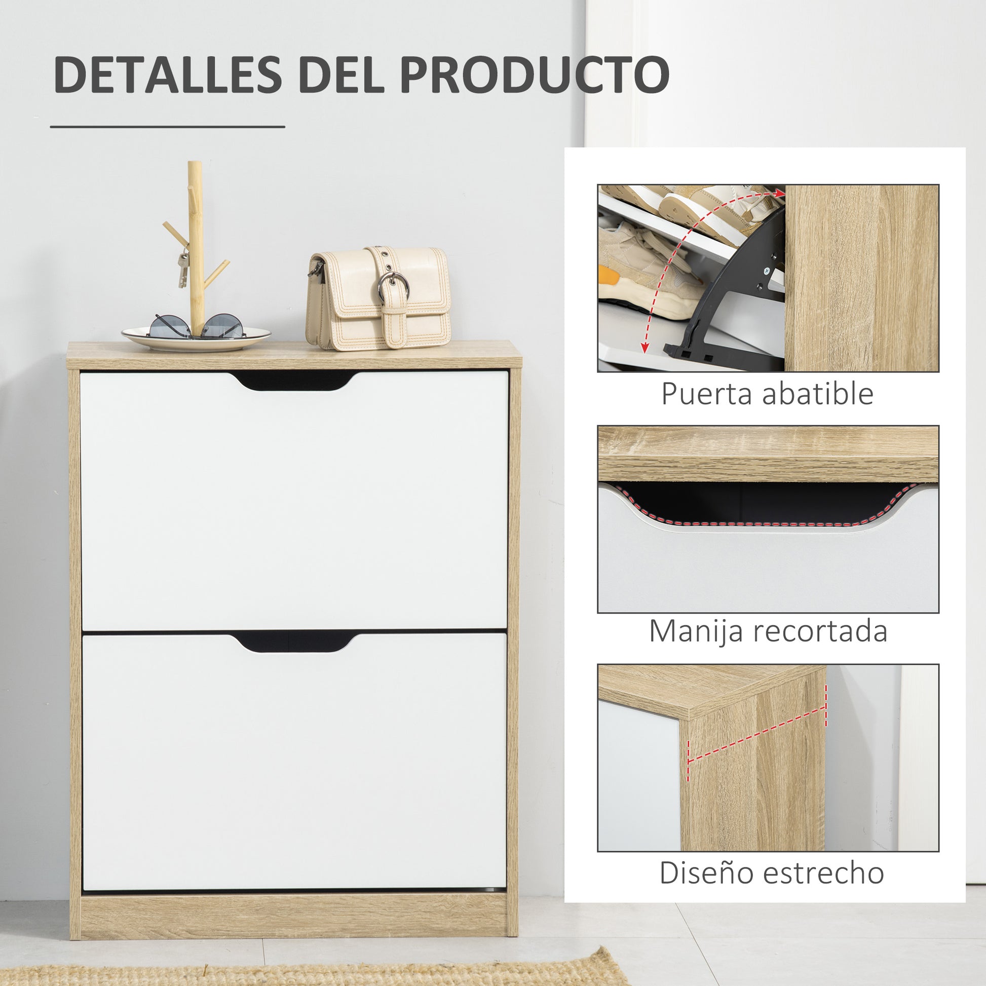 Wooden Shoe Cabinet Shoe Rack with 2 Flip Doors 4 Storage Shelves Capacity for 8 Pairs for Entryway Hallway Bedroom 62.5x26x81 cm White and Natural
