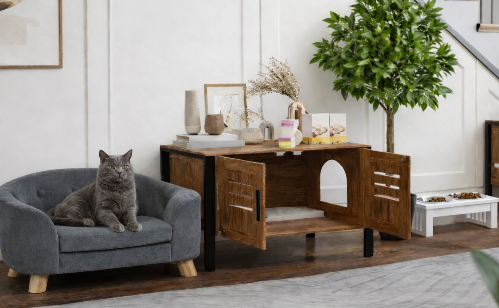 Cat sitting on a gray pet bed in a room with wooden furniture and decor.