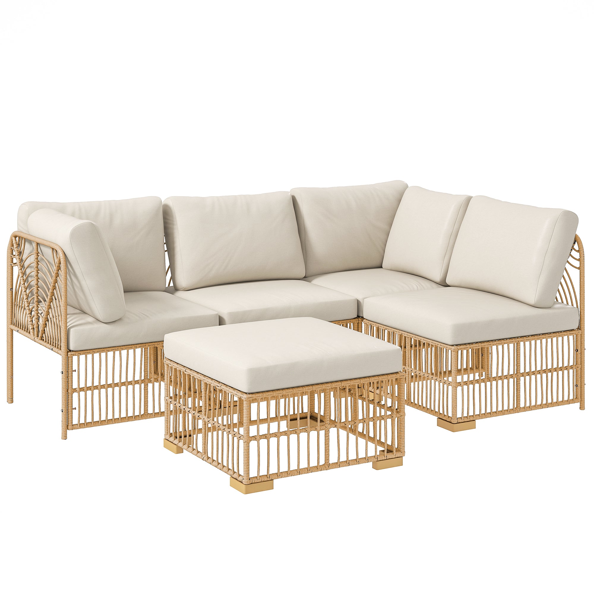 corner lounge set made of polyrattan garden furniture set with corner sofa chair footstool cushions weatherproof garden lounge for 5 persons balcony furniture outdoor seating group for garden balcony natural wood+cream white