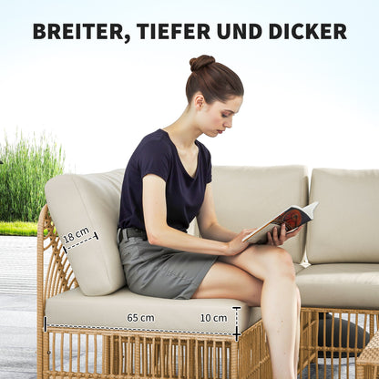 corner lounge set made of polyrattan garden furniture set with corner sofa chair footstool cushions weatherproof garden lounge for 5 persons balcony furniture outdoor seating group for garden balcony natural wood+cream white