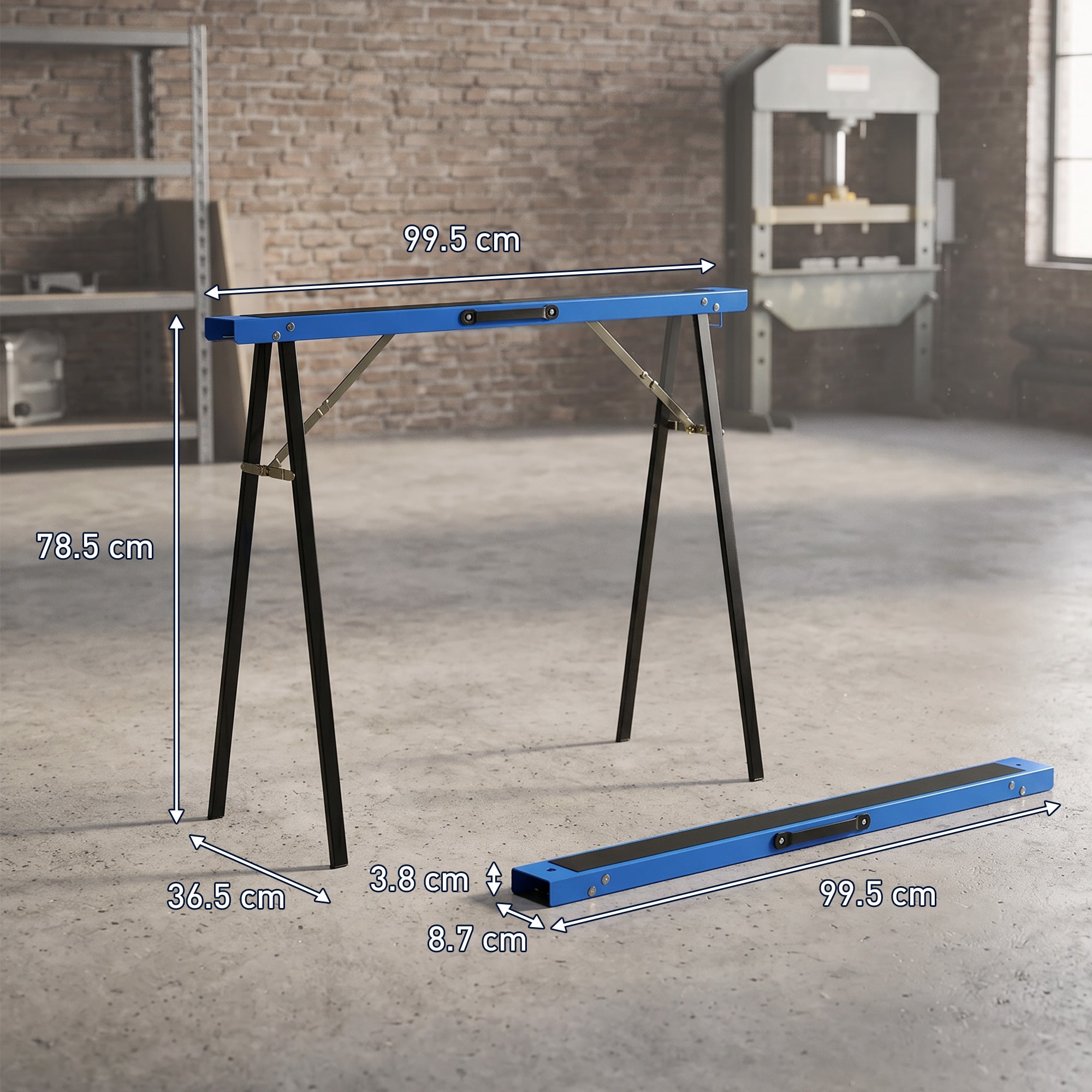 Set of 2 Folding Metal Work Sawhorses with EVA Anti-Slip Top, Carry Handle – Space-Saving Sawhorses for Woodworking, 350 kg (772 lb) Capacity, Blue & Black