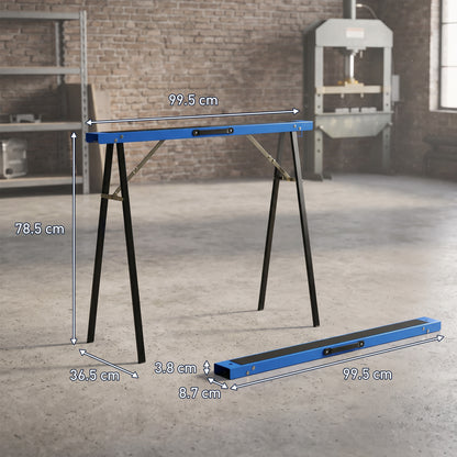 Set of 2 Folding Metal Work Sawhorses with EVA Anti-Slip Top, Carry Handle – Space-Saving Sawhorses for Woodworking, 350 kg (772 lb) Capacity, Blue & Black