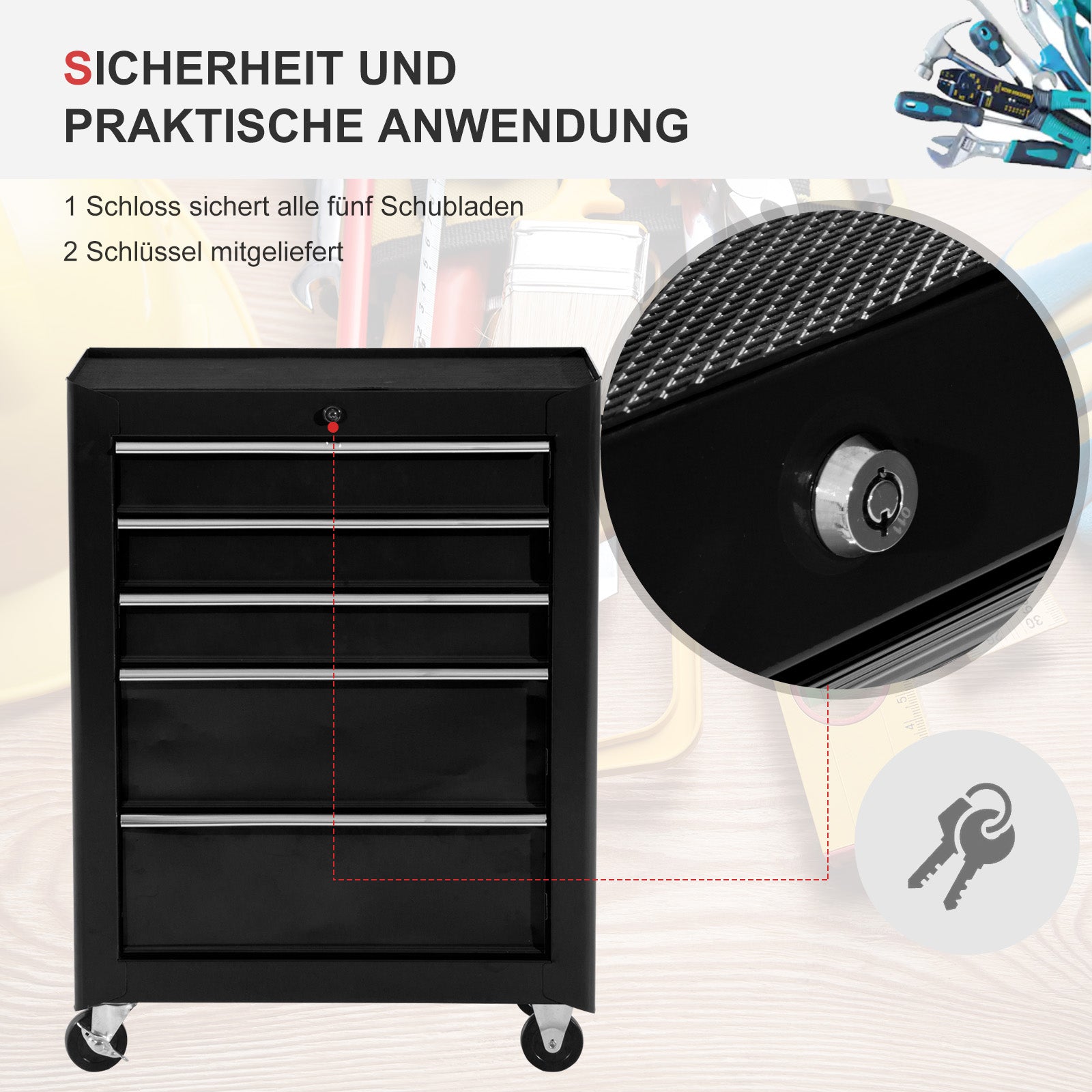 Workshop Trolley Tool Cart Empty Lockable with 5 Drawers, 2 Keys, Anti-slip Mats, Tool Cabinet Black