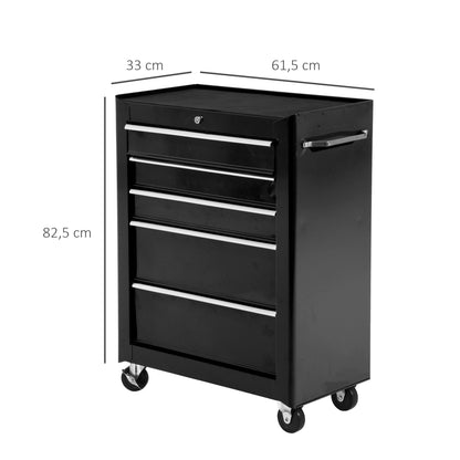 Workshop Trolley Tool Cart Empty Lockable with 5 Drawers, 2 Keys, Anti-slip Mats, Tool Cabinet Black
