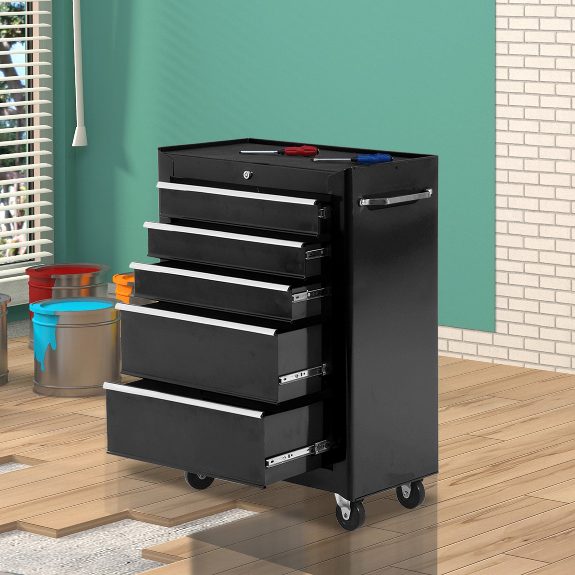 Workshop Trolley Tool Cart Empty Lockable with 5 Drawers, 2 Keys, Anti-slip Mats, Tool Cabinet Black