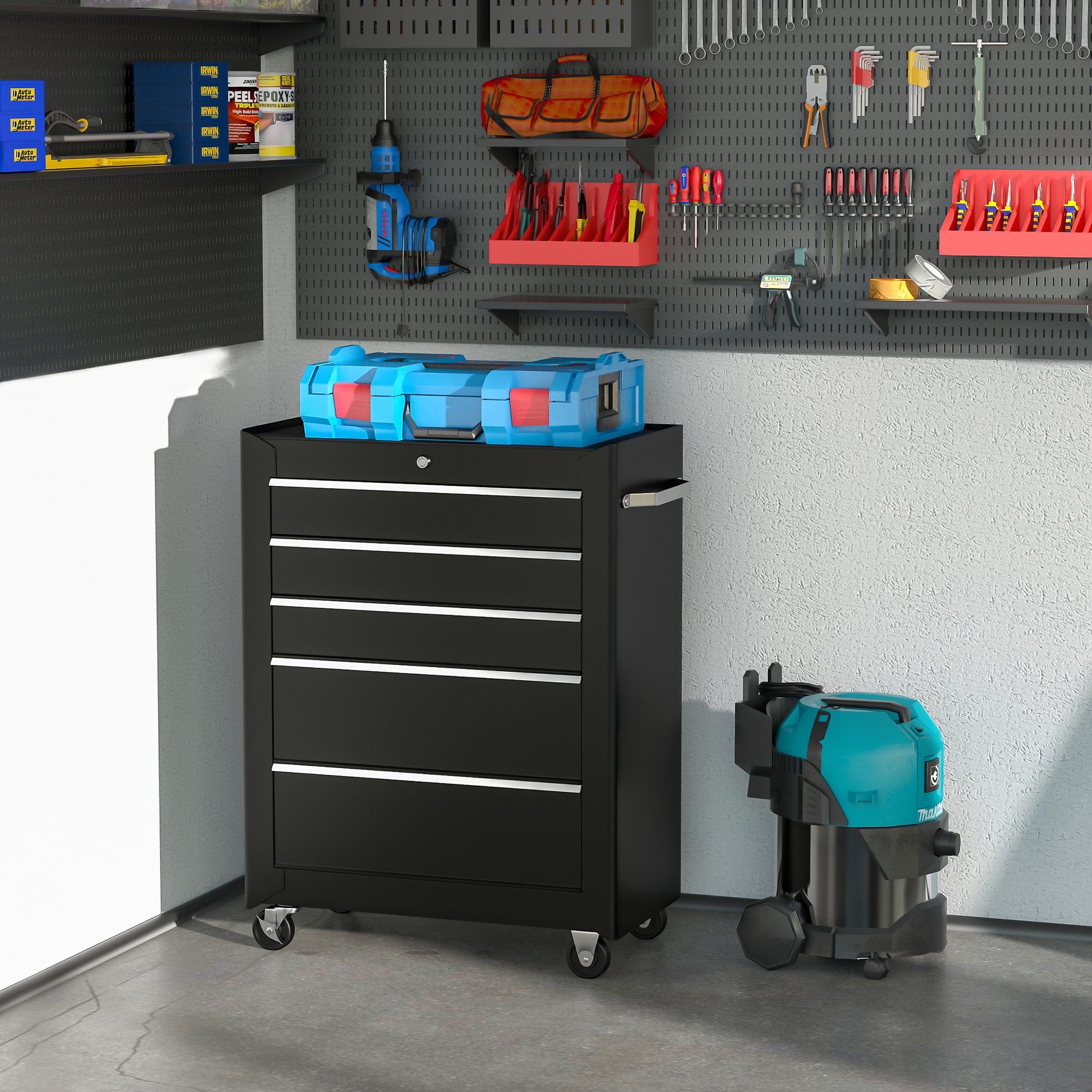 Workshop Trolley Tool Cart Empty Lockable with 5 Drawers, 2 Keys, Anti-slip Mats, Tool Cabinet Black