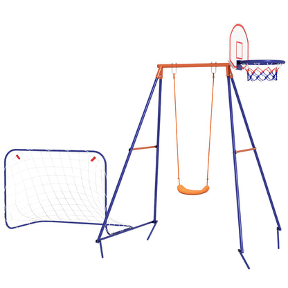 3 in 1 Swing Set, Steel Swing Frame Children's Swing with Soccer Goal, Basketball Hoop, Garden Swing Frame Outdoor for Kids 3-8 Years, Steel, Navy Blue