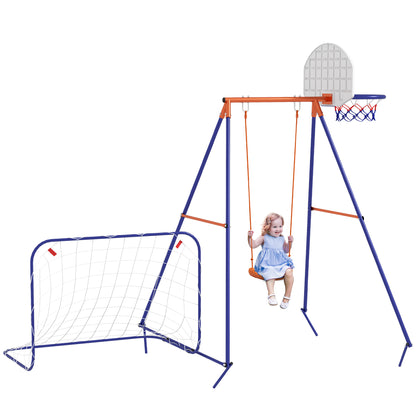 3 in 1 Swing Set, Steel Swing Frame Children's Swing with Soccer Goal, Basketball Hoop, Garden Swing Frame Outdoor for Kids 3-8 Years, Steel, Navy Blue