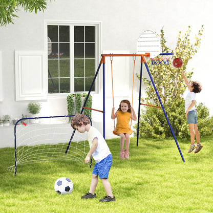 3 in 1 Swing Set, Steel Swing Frame Children's Swing with Soccer Goal, Basketball Hoop, Garden Swing Frame Outdoor for Kids 3-8 Years, Steel, Navy Blue