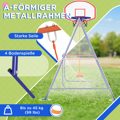 3 in 1 Swing Set, Steel Swing Frame Children's Swing with Soccer Goal, Basketball Hoop, Garden Swing Frame Outdoor for Kids 3-8 Years, Steel, Navy Blue