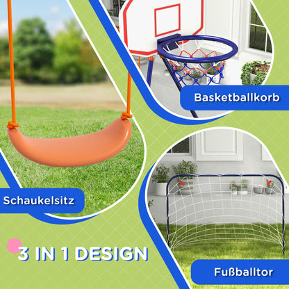 3 in 1 Swing Set, Steel Swing Frame Children's Swing with Soccer Goal, Basketball Hoop, Garden Swing Frame Outdoor for Kids 3-8 Years, Steel, Navy Blue