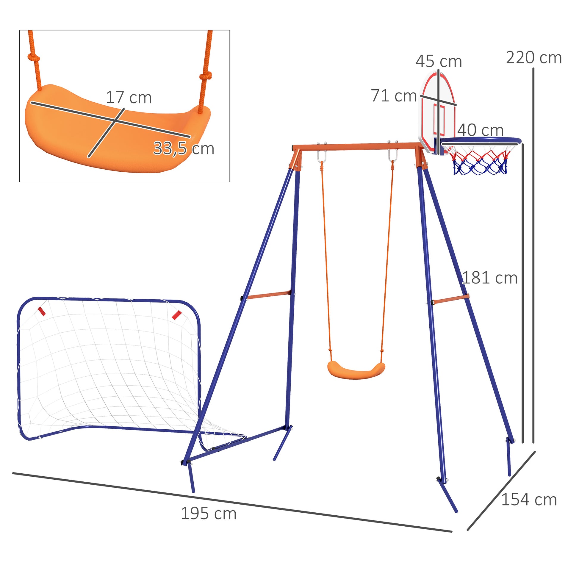 3 in 1 Swing Set, Steel Swing Frame Children's Swing with Soccer Goal, Basketball Hoop, Garden Swing Frame Outdoor for Kids 3-8 Years, Steel, Navy Blue