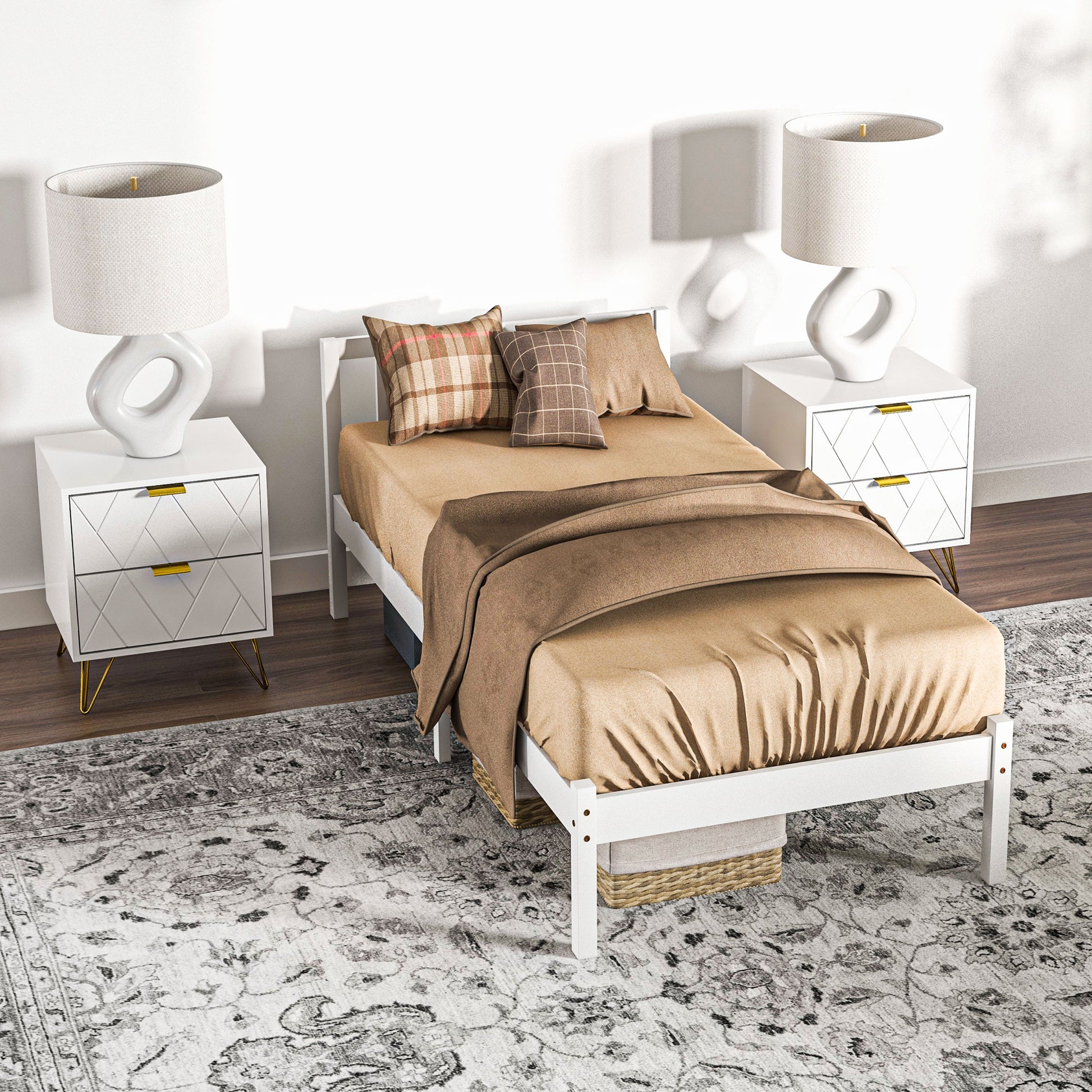 Wooden Bed Frame Bedstead with Headboard for 90x190 cm Mattress (not included) 120 kg Capacity 198x96x70 cm White