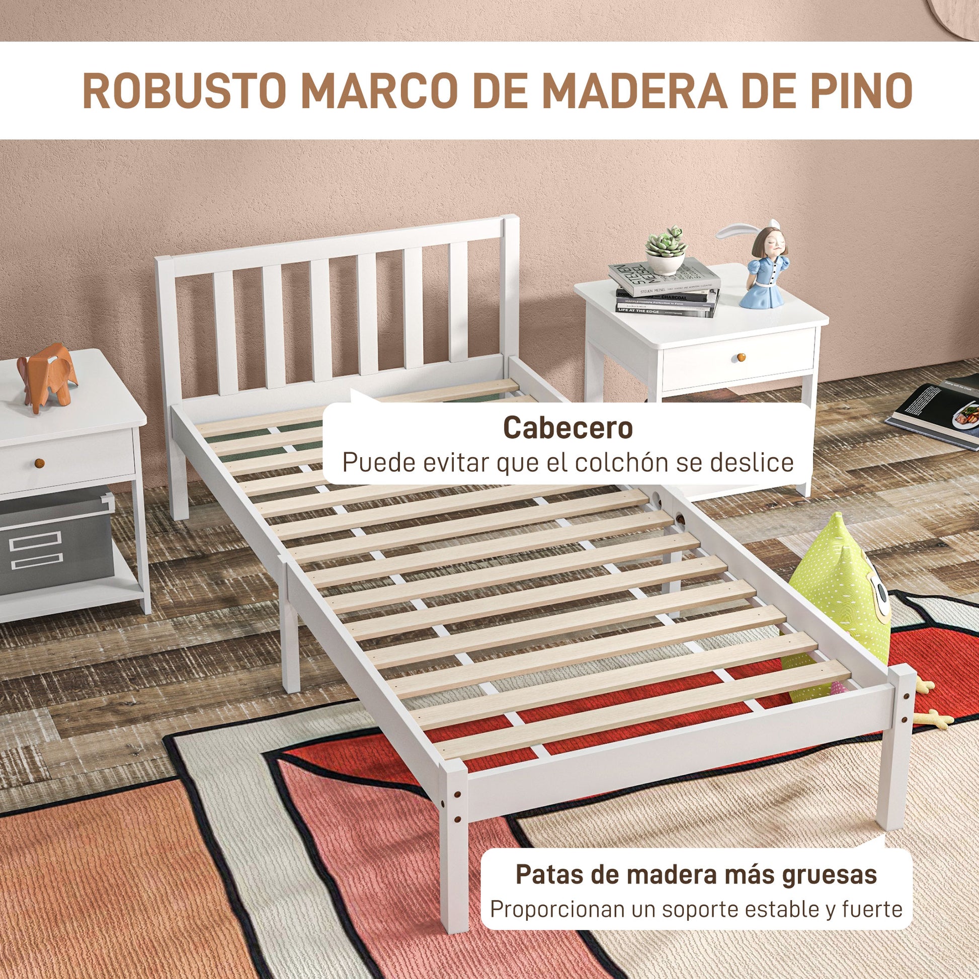 Wooden Bed Frame Bedstead with Headboard for 90x190 cm Mattress (not included) 120 kg Capacity 198x96x70 cm White