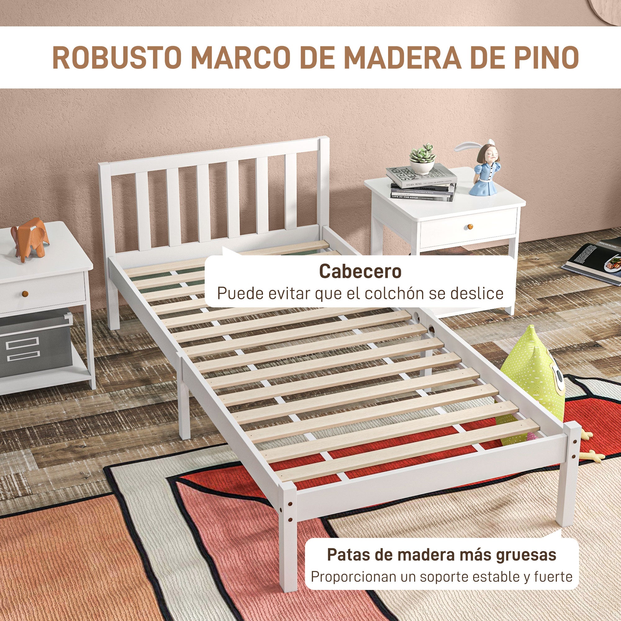 Wooden Bed Frame Bedstead with Headboard for 90x190 cm Mattress (not included) 120 kg Capacity 198x96x70 cm White