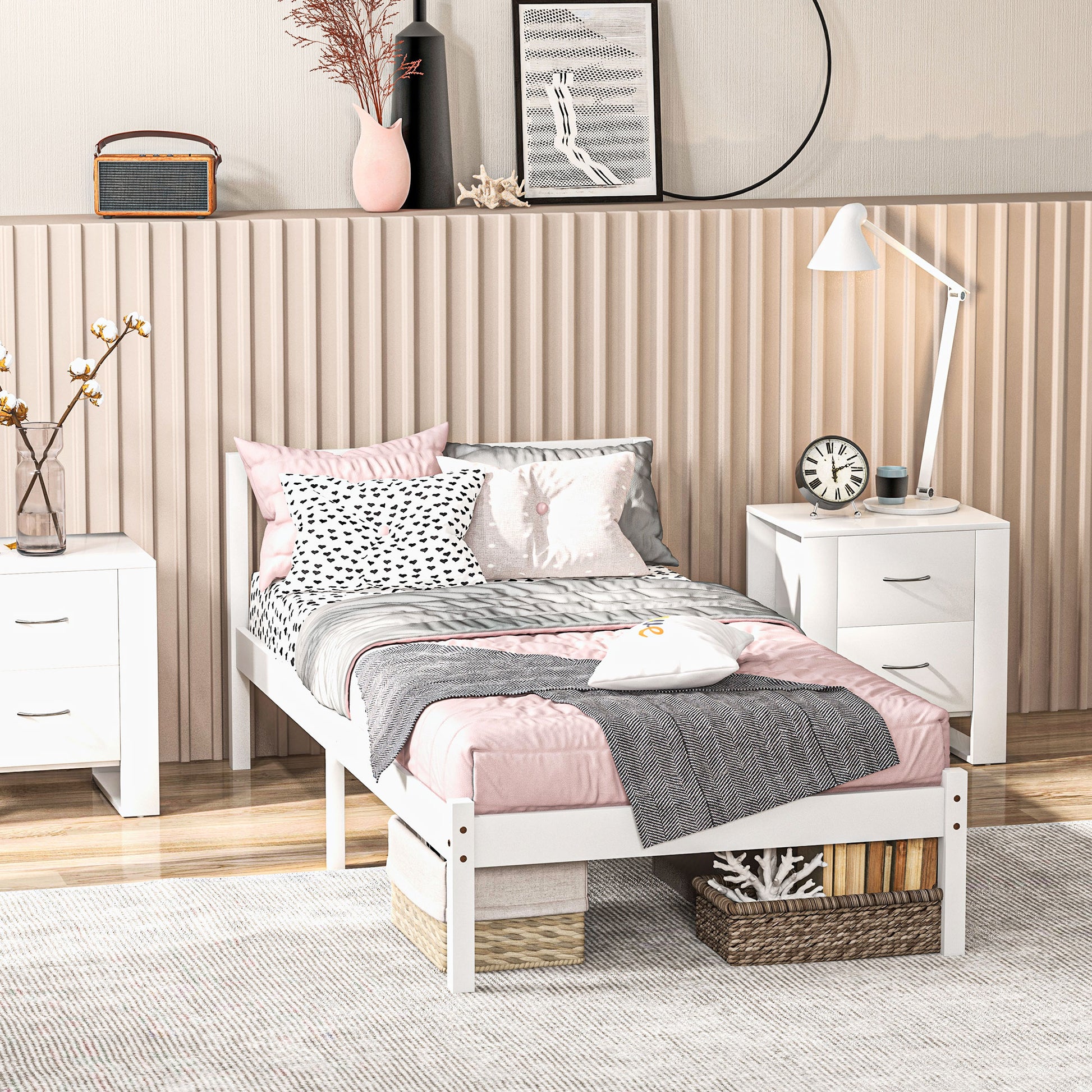 Wooden Bed Frame Bedstead with Headboard for 90x190 cm Mattress (not included) 120 kg Capacity 198x96x70 cm White