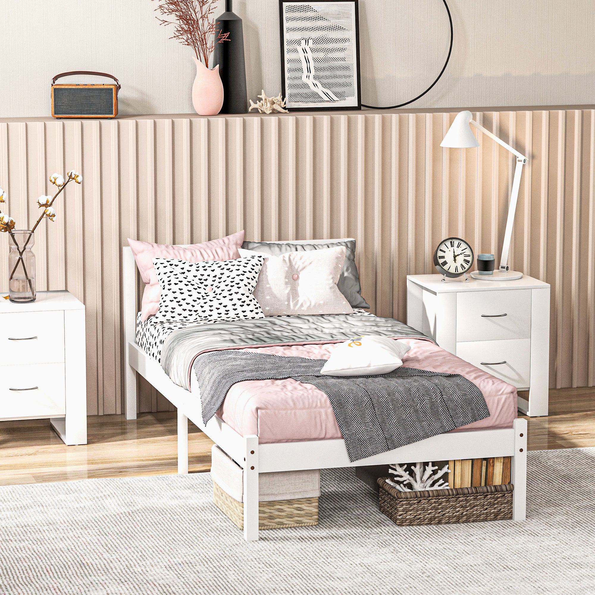 Wooden Bed Frame Bedstead with Headboard for 90x190 cm Mattress (not included) 120 kg Capacity 198x96x70 cm White