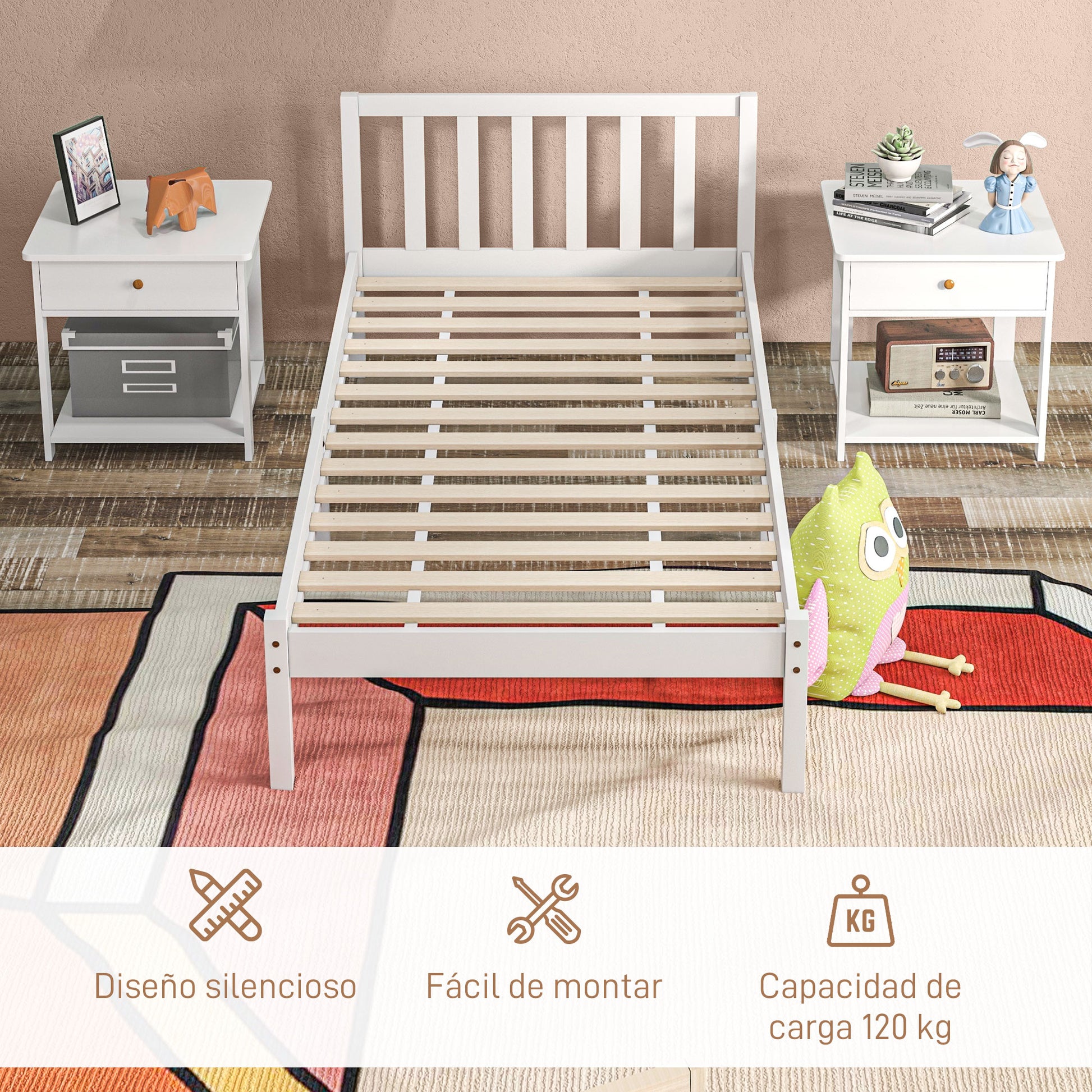 Wooden Bed Frame Bedstead with Headboard for 90x190 cm Mattress (not included) 120 kg Capacity 198x96x70 cm White