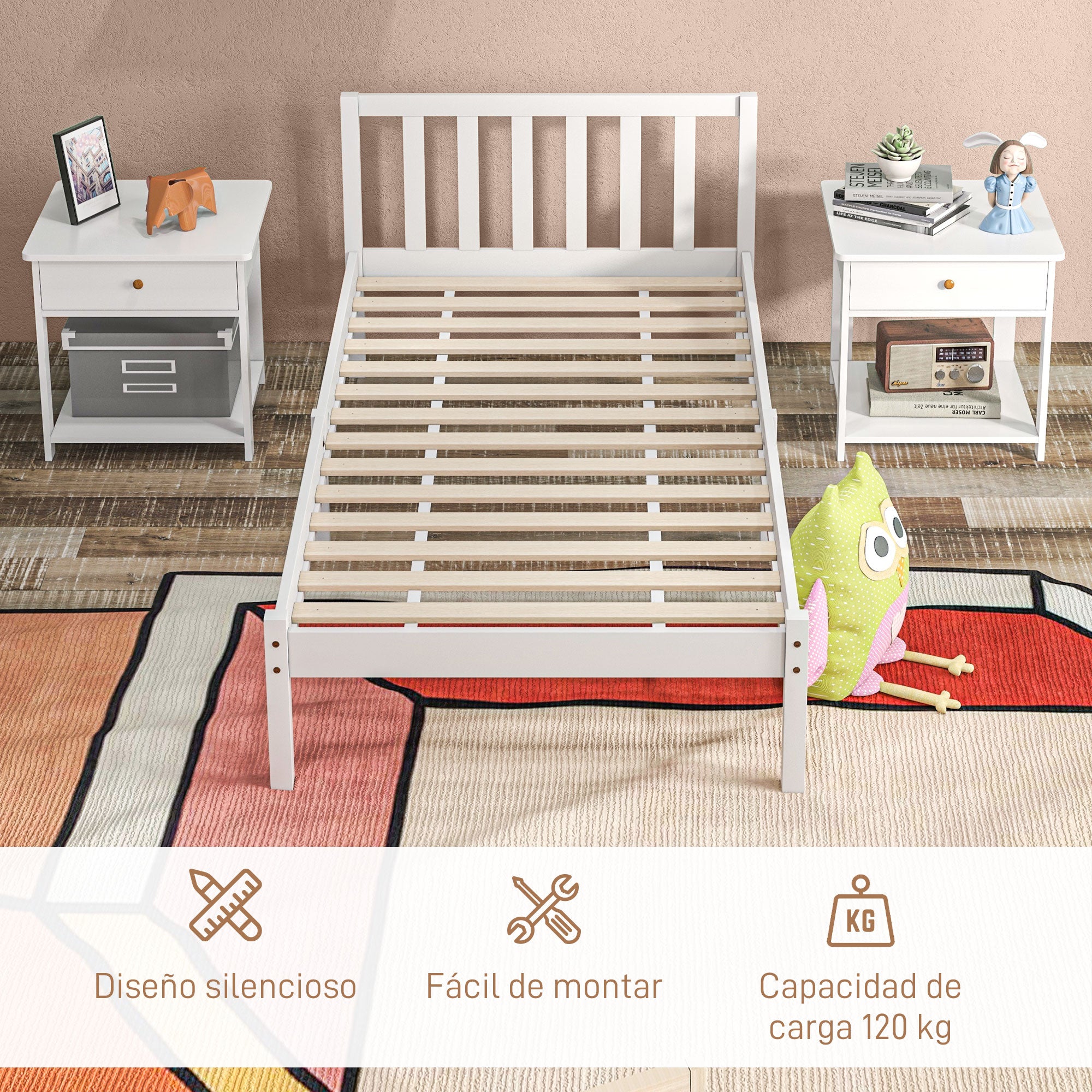Wooden Bed Frame Bedstead with Headboard for 90x190 cm Mattress (not included) 120 kg Capacity 198x96x70 cm White