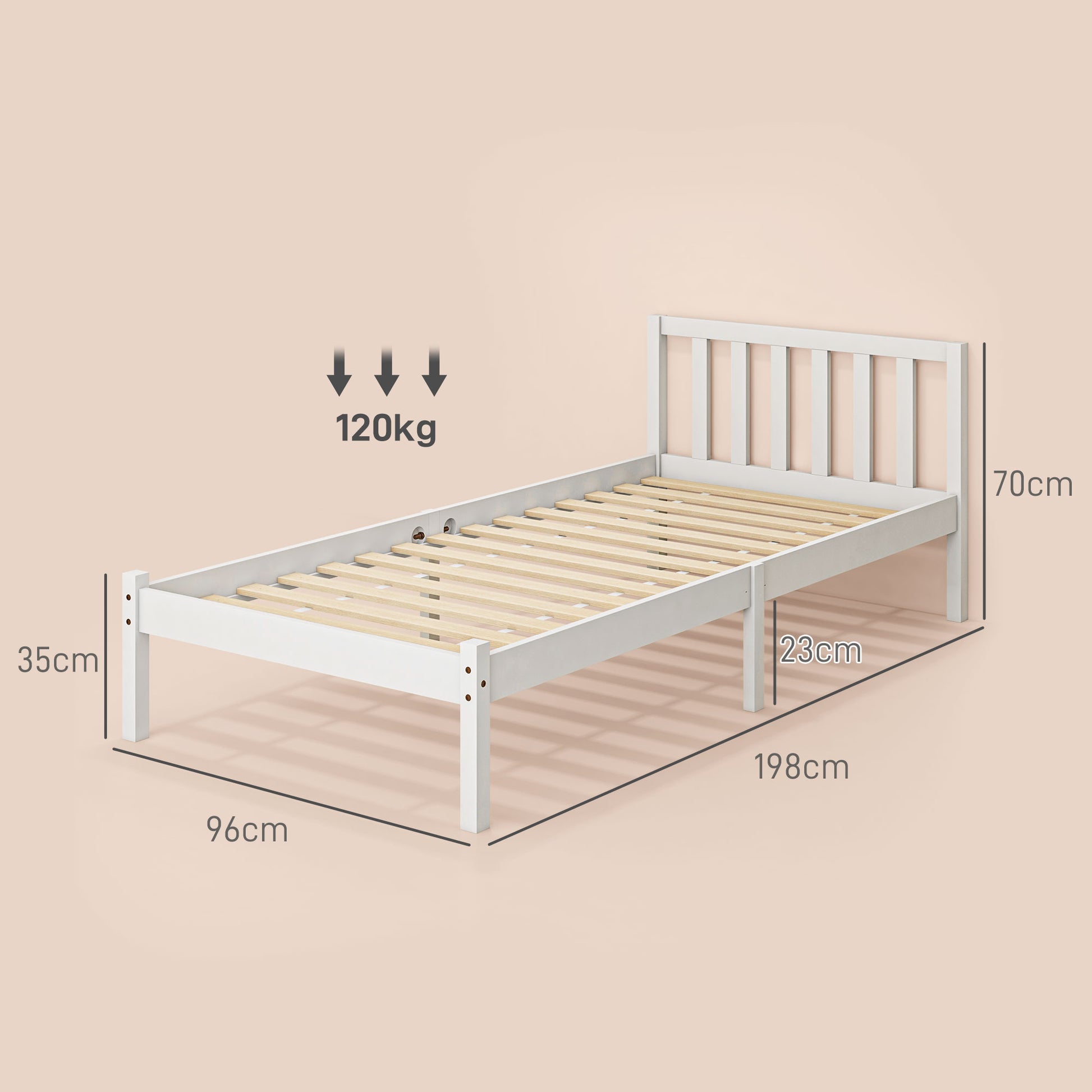Wooden Bed Frame Bedstead with Headboard for 90x190 cm Mattress (not included) 120 kg Capacity 198x96x70 cm White