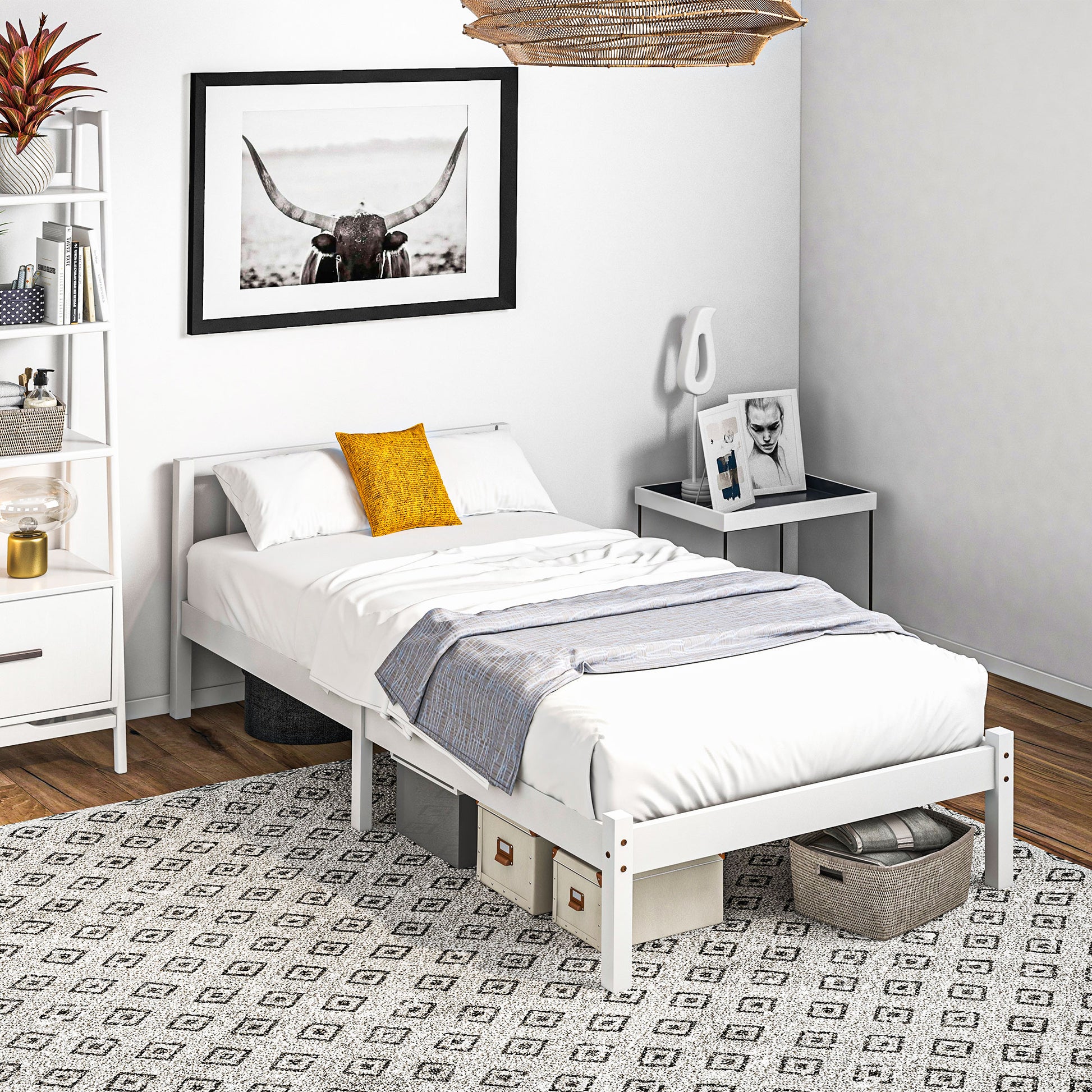 Wooden Bed Frame Bedstead with Headboard for 90x190 cm Mattress (not included) 120 kg Capacity 198x96x70 cm White