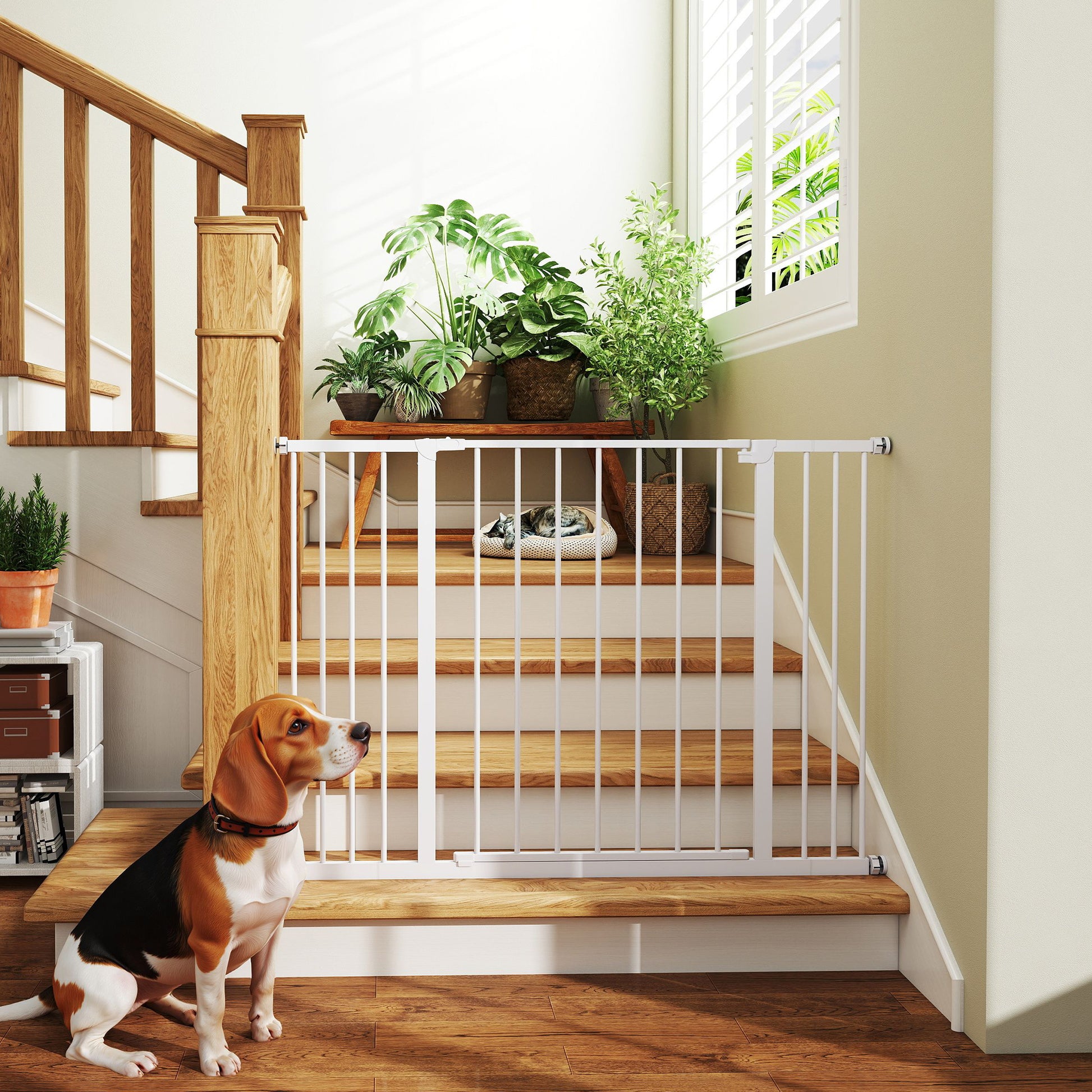 Door Safety Gate Stair Safety Gate with 10/15 cm Extension Door Gate without Drilling Stair Gate for Widths 76-82/86-97/101-107 cm One-Hand Opening Steel White