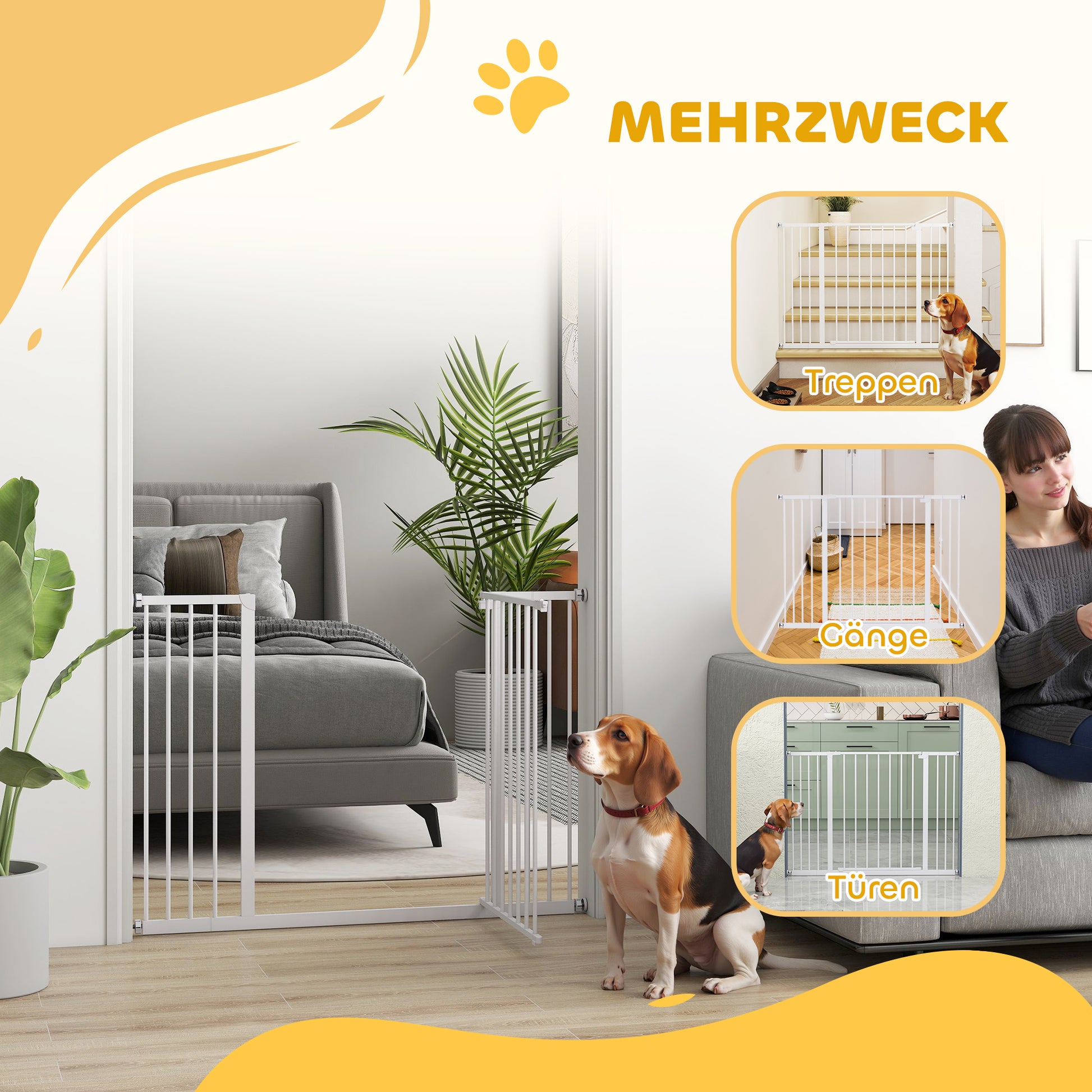 Door Safety Gate Stair Safety Gate with 10/15 cm Extension Door Gate without Drilling Stair Gate for Widths 76-82/86-97/101-107 cm One-Hand Opening Steel White