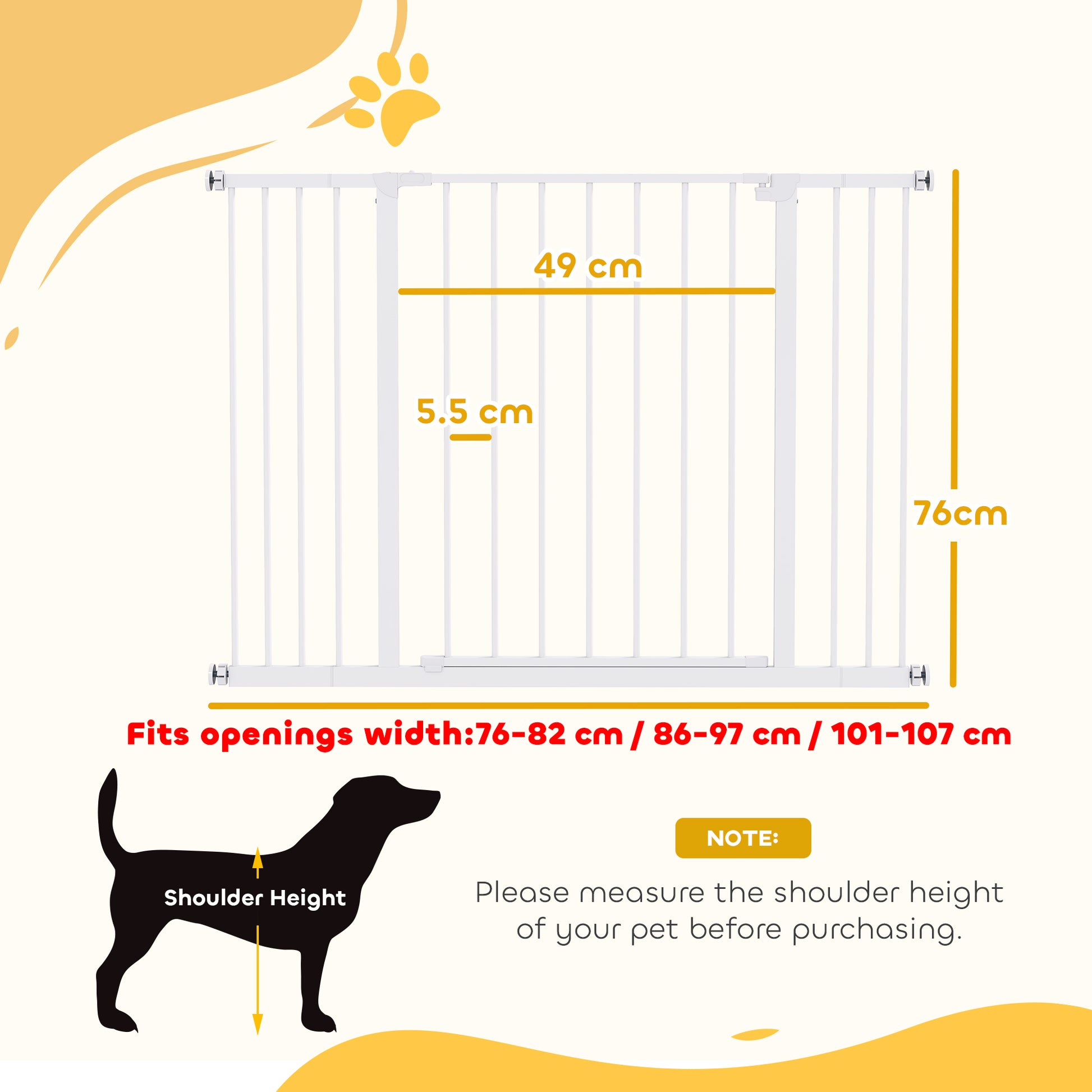 Door Safety Gate Stair Safety Gate with 10/15 cm Extension Door Gate without Drilling Stair Gate for Widths 76-82/86-97/101-107 cm One-Hand Opening Steel White