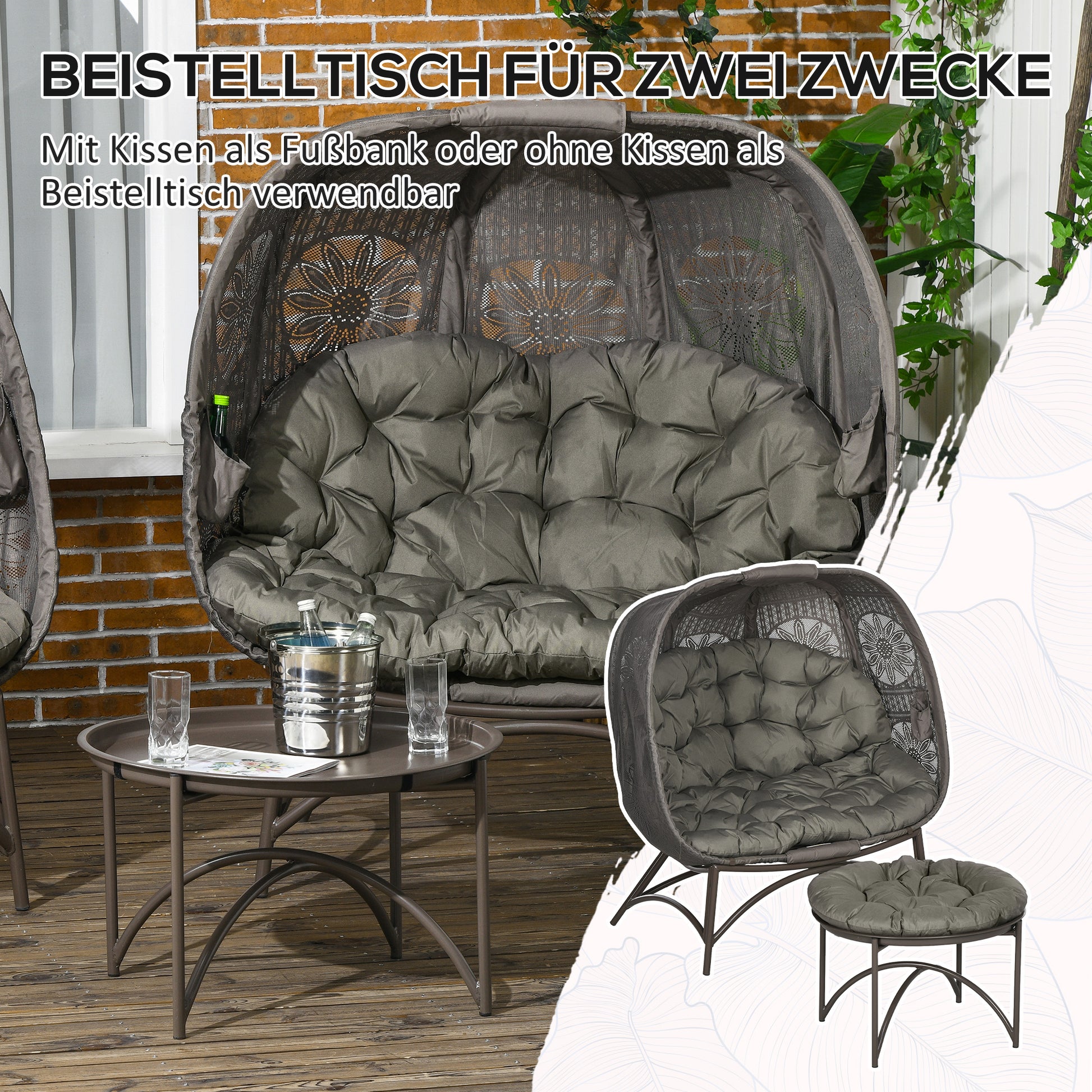 3 Piece Garden Chair Set, Wicker Chair with Folding Seat Basket, Coffee Table, Cushions, Lounge Chair for Terrace, Balcony, Steel, Sand