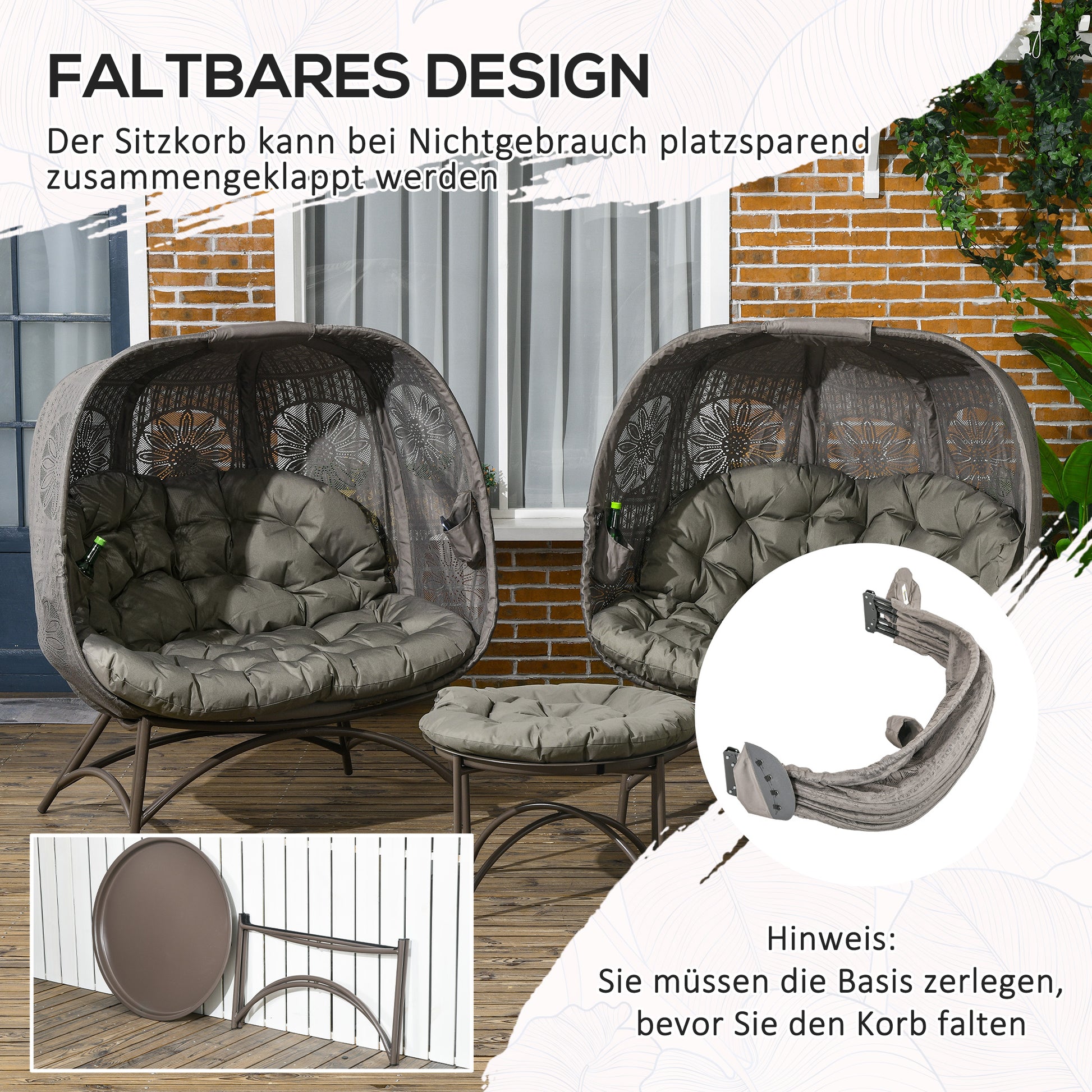 3 Piece Garden Chair Set, Wicker Chair with Folding Seat Basket, Coffee Table, Cushions, Lounge Chair for Terrace, Balcony, Steel, Sand