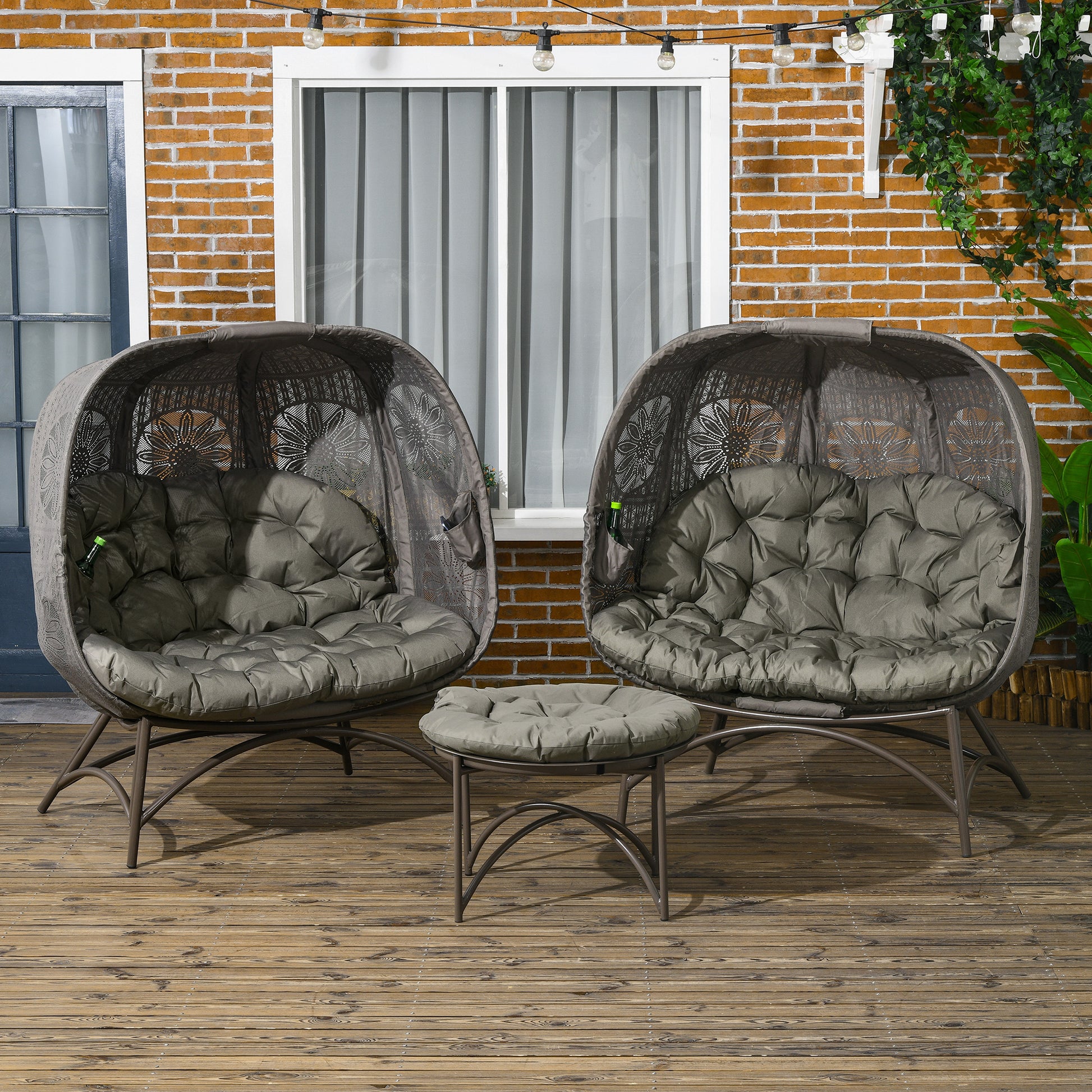 3 Piece Garden Chair Set, Wicker Chair with Folding Seat Basket, Coffee Table, Cushions, Lounge Chair for Terrace, Balcony, Steel, Sand