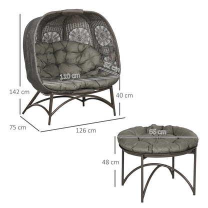 3 Piece Garden Chair Set, Wicker Chair with Folding Seat Basket, Coffee Table, Cushions, Lounge Chair for Terrace, Balcony, Steel, Sand