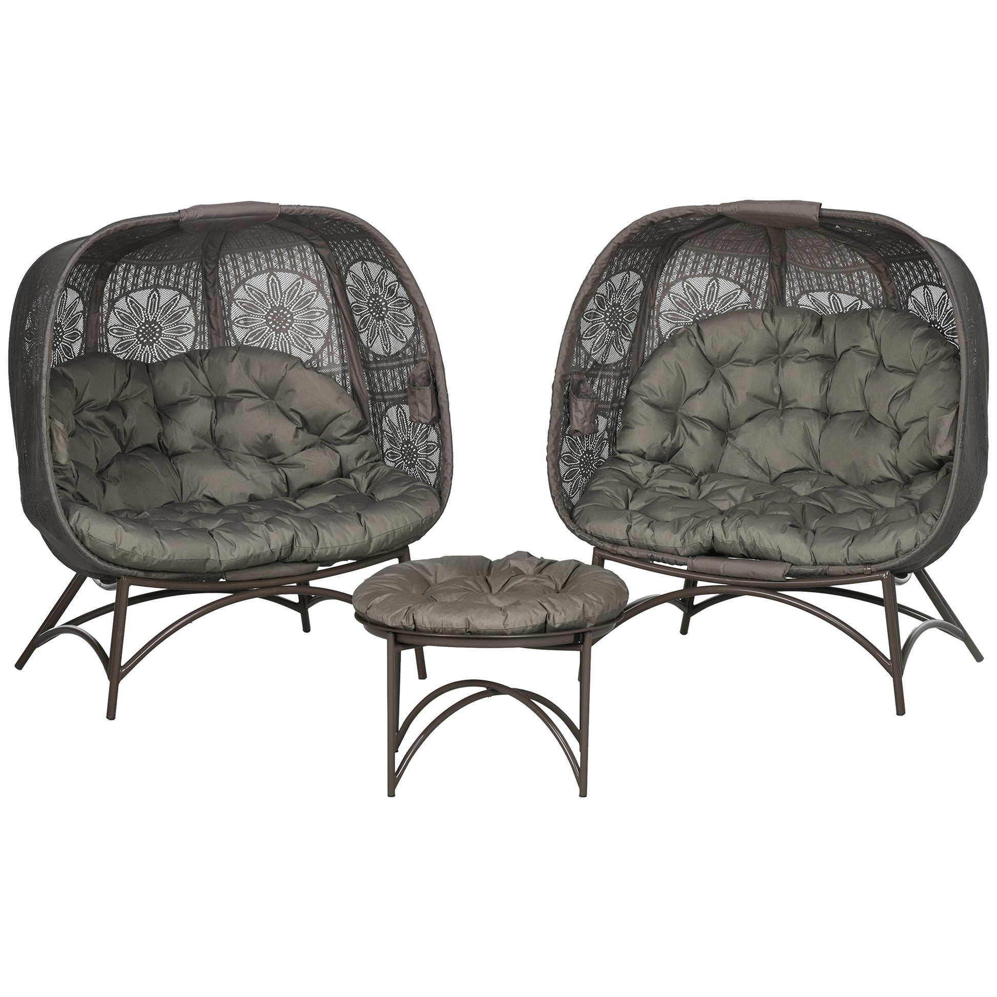 3 Piece Garden Chair Set, Wicker Chair with Folding Seat Basket, Coffee Table, Cushions, Lounge Chair for Terrace, Balcony, Steel, Sand