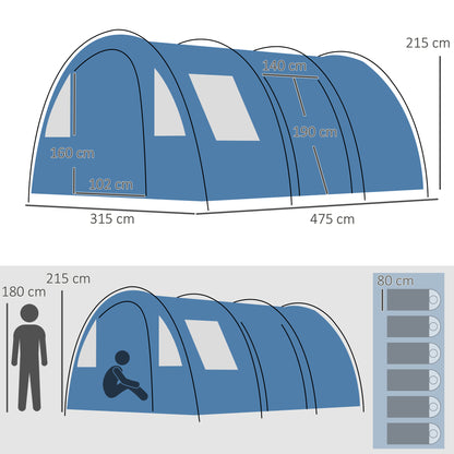 Camping Tent for 5-6 People with 2 Doors, Windows, and Storage Pockets Included, 475x315x215 cm, Blue