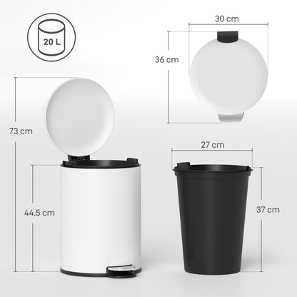 Trash Can 20 L Pedal Bin with Soft Close Lid, Waste Bin with Inner Bucket, for Living Room, Office, Metal, Cream White, 36 x 30 x 44.5 cm