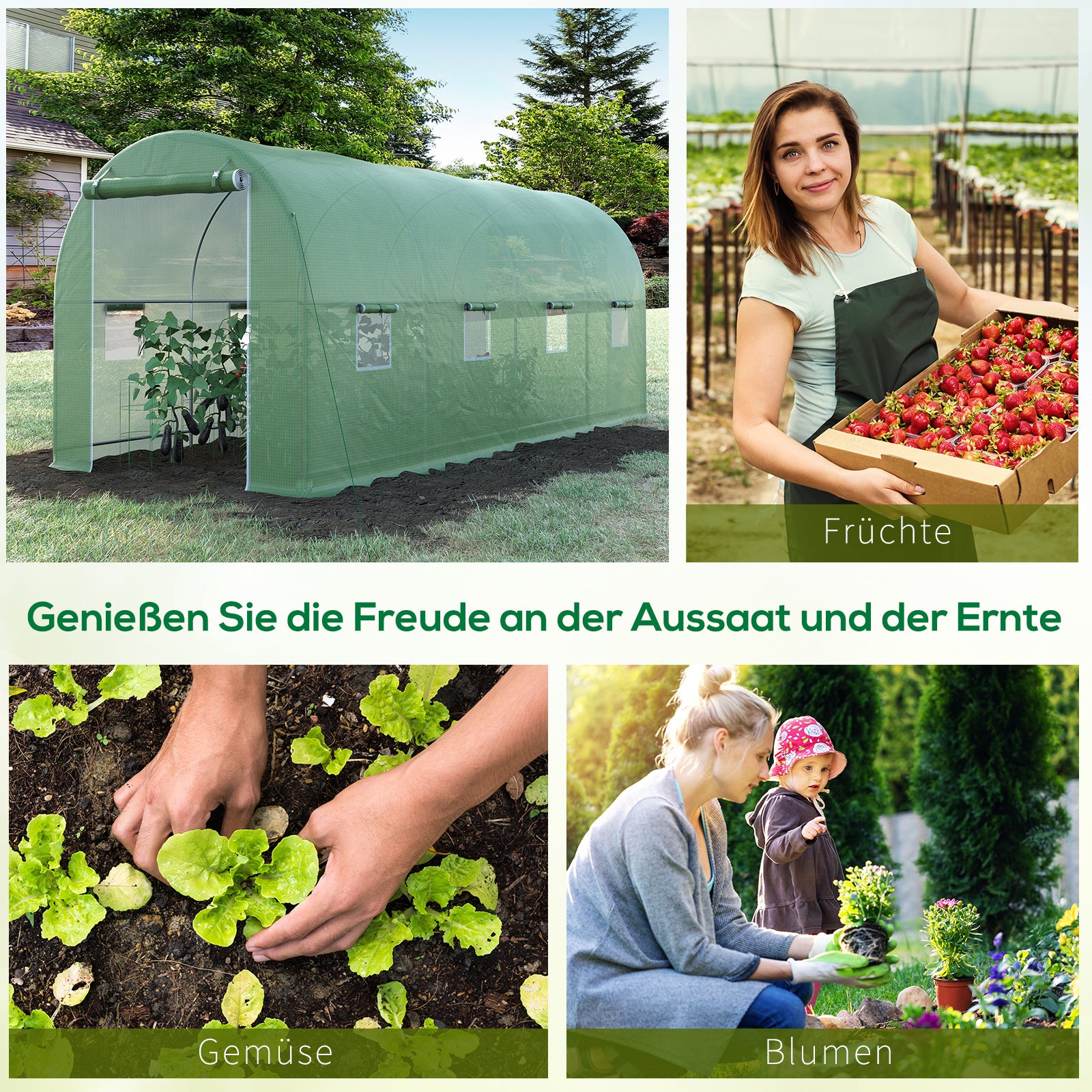 Greenhouse 500x200x205cm Film Greenhouse Tomato House with Door, 8 Windows, Film Tunnel Made of Galvanized Steel, PE, Stable Greenhouse Plant Tunnel, Including Ground Anchors & Ropes