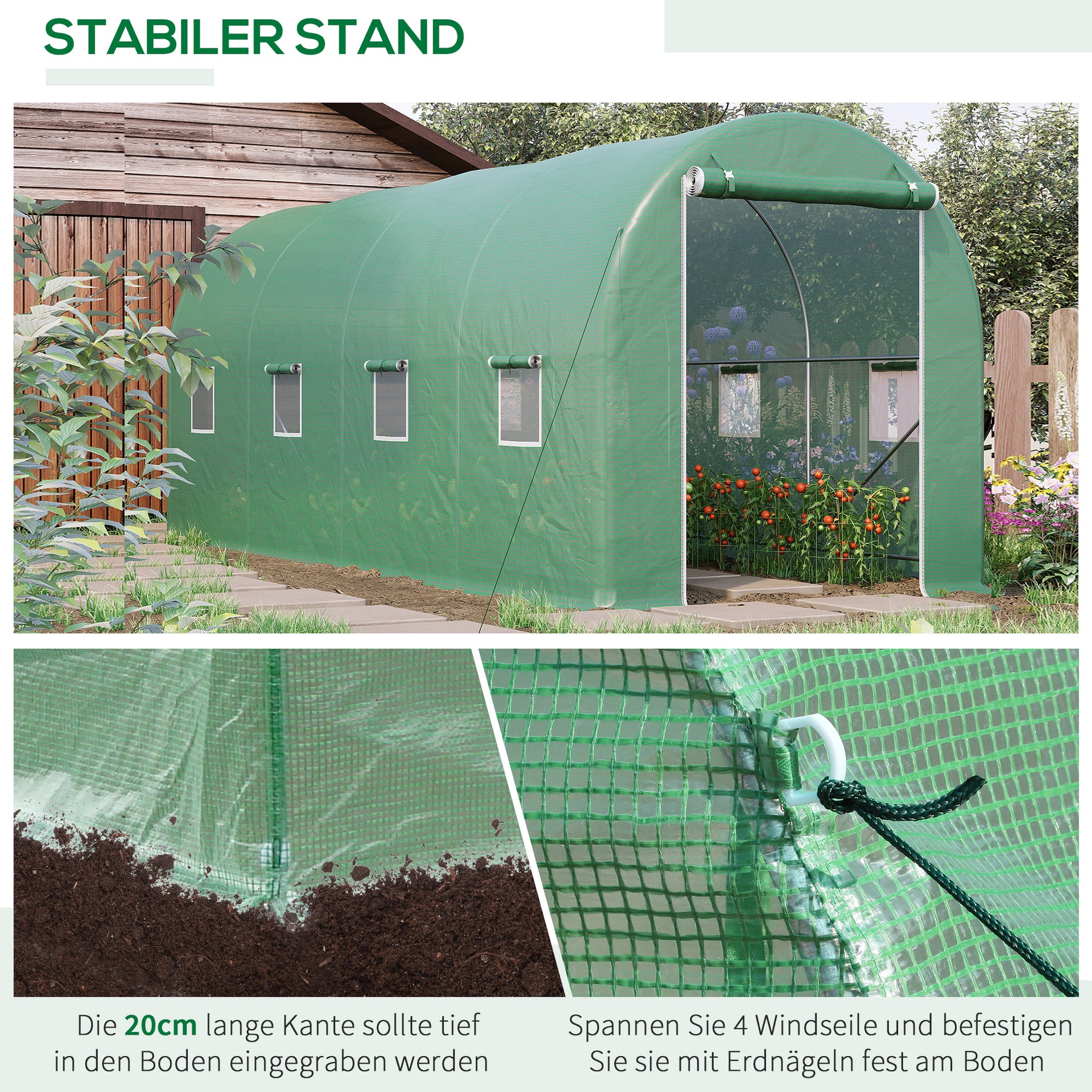 Greenhouse 500x200x205cm Film Greenhouse Tomato House with Door, 8 Windows, Film Tunnel Made of Galvanized Steel, PE, Stable Greenhouse Plant Tunnel, Including Ground Anchors & Ropes