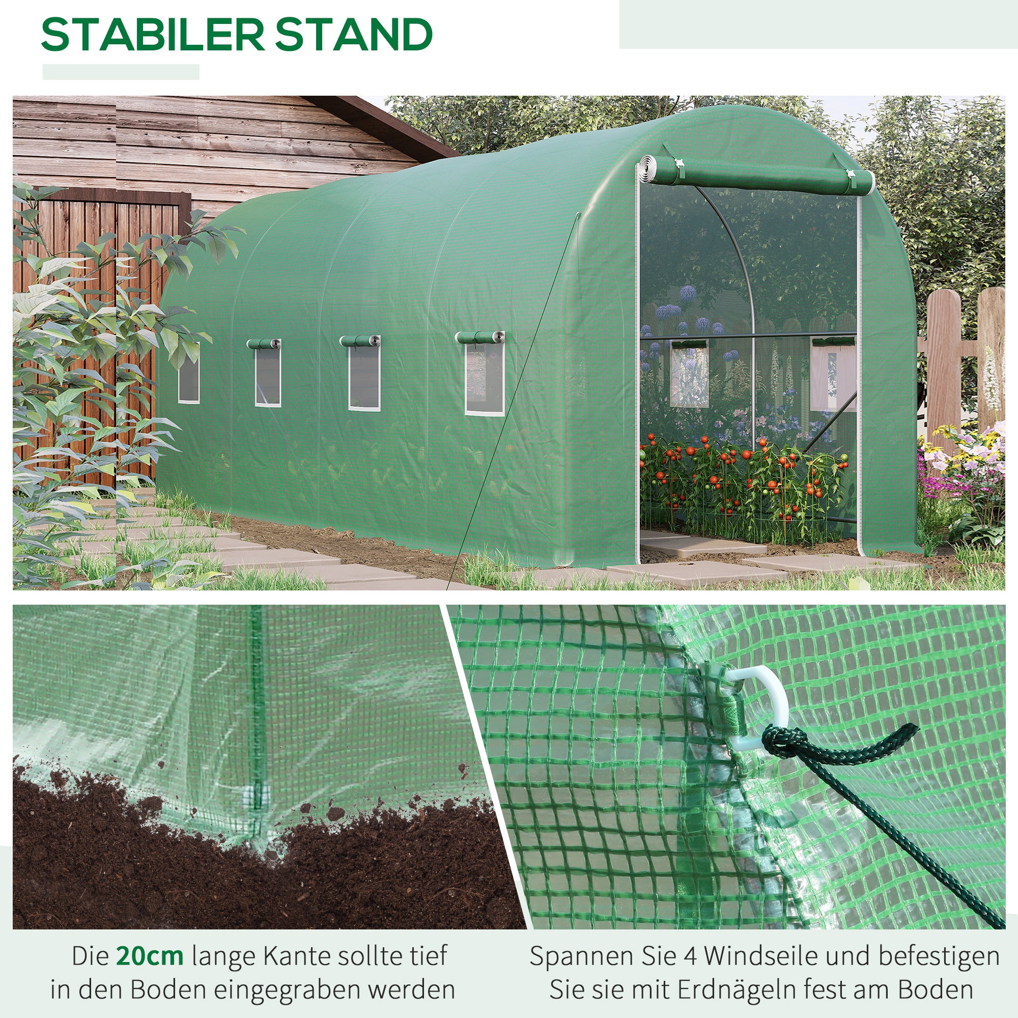 Greenhouse 500x200x205cm Film Greenhouse Tomato House with Door, 8 Windows, Film Tunnel Made of Galvanized Steel, PE, Stable Greenhouse Plant Tunnel, Including Ground Anchors & Ropes