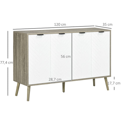 Low Sideboard, Storage Cabinet, Adjustable Shelves, 2 Cabinets, 4 Chevron Doors, for Kitchen, Dining Room, Living Room, 120 x 35 x 77.4 cm, White and Gray