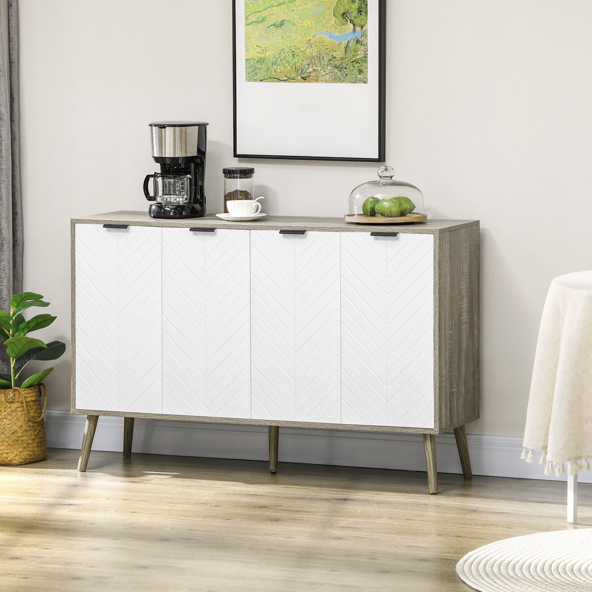 Low Sideboard, Storage Cabinet, Adjustable Shelves, 2 Cabinets, 4 Chevron Doors, for Kitchen, Dining Room, Living Room, 120 x 35 x 77.4 cm, White and Gray