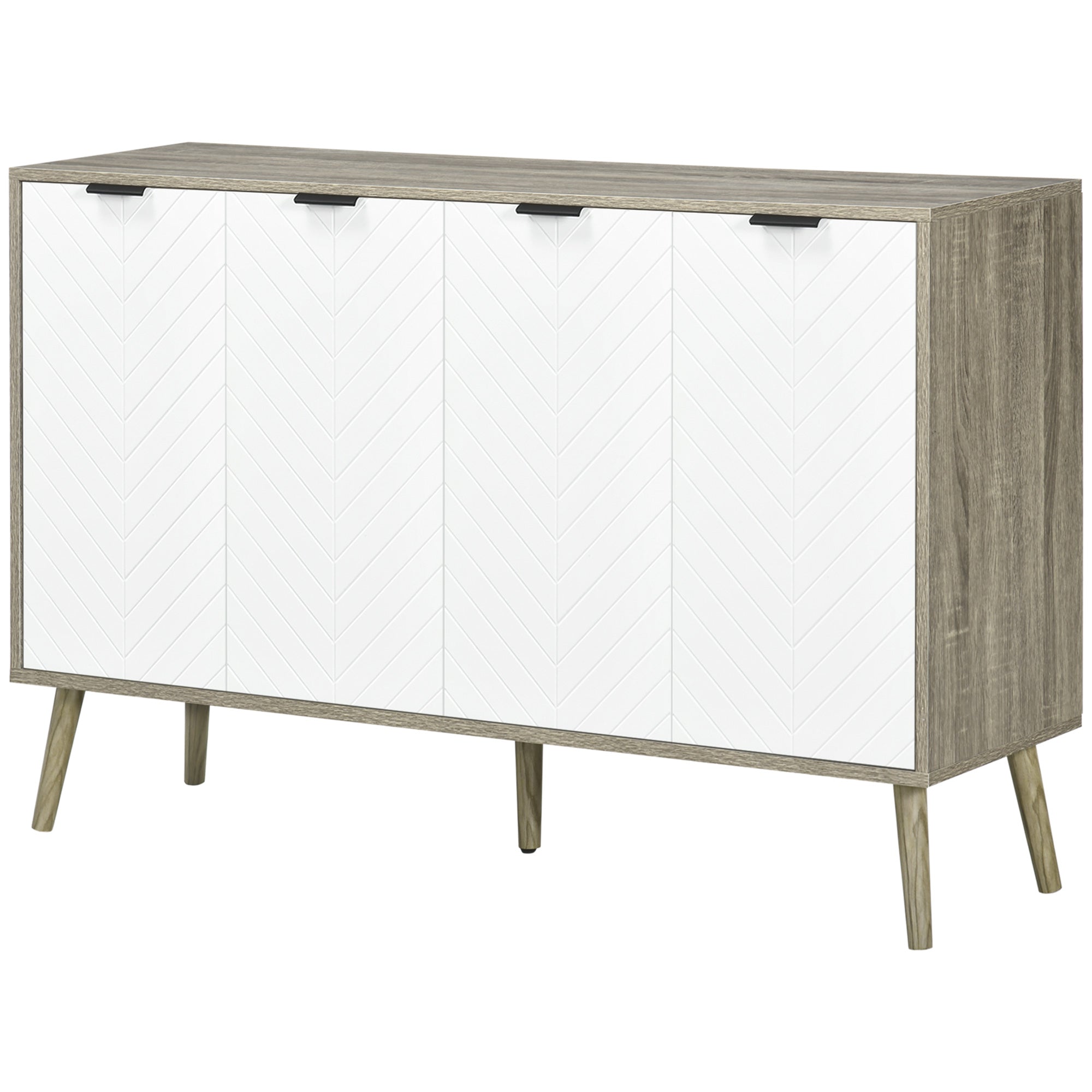 Low Sideboard, Storage Cabinet, Adjustable Shelves, 2 Cabinets, 4 Chevron Doors, for Kitchen, Dining Room, Living Room, 120 x 35 x 77.4 cm, White and Gray